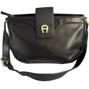 Etienne Aigner Black Leather Handbag with Shoulder Strap Vintage Purse Brass